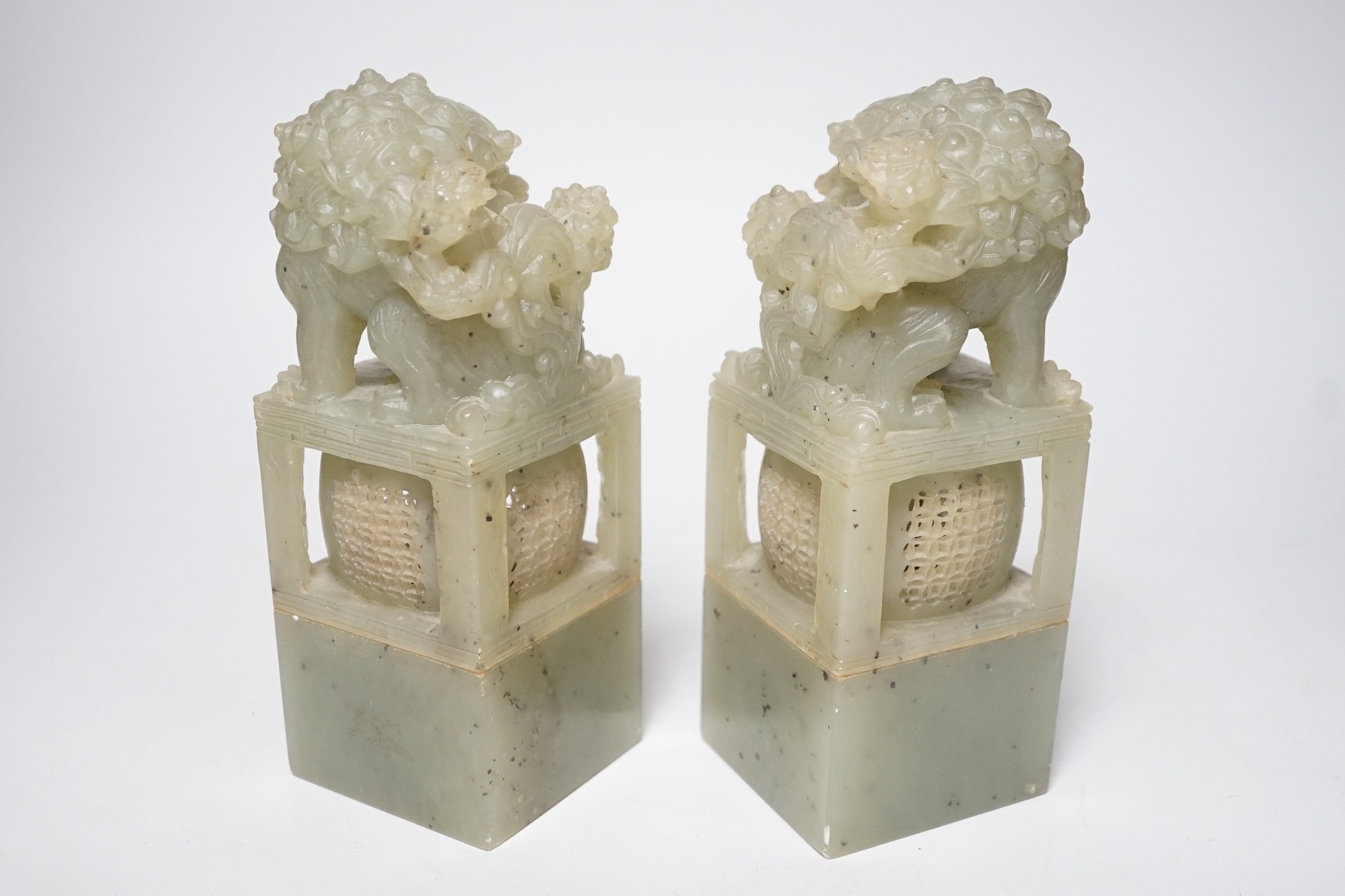 A pair of large Chinese soapstone ‘Temple Guardian lion’ seals, 21cm